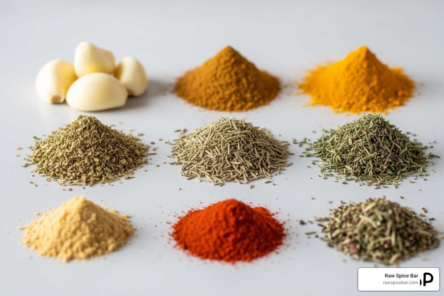 The nine foundational spices laid out, such as garlic, cumin, and turmeric - global spice flavors