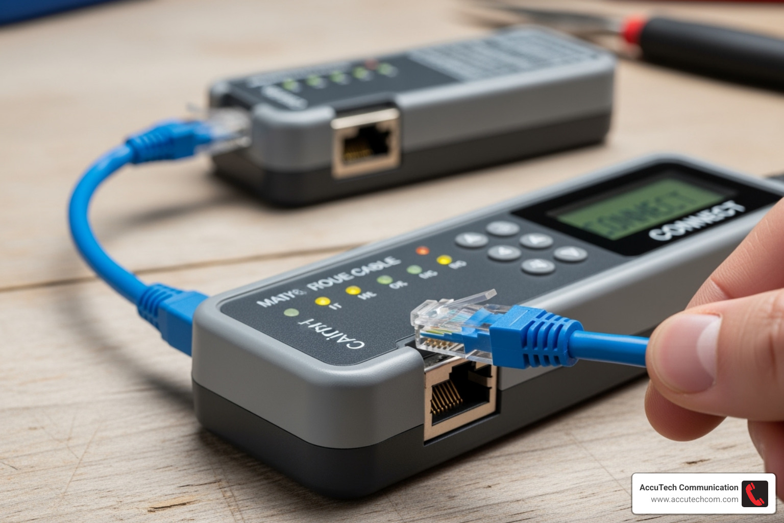 cable being plugged into the main and remote units of a tester - how to use rj45 network cable tester