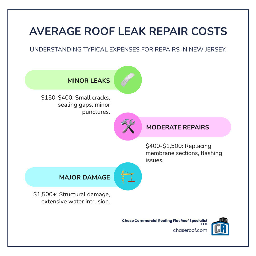 Infographic explaining the average cost range for minor, moderate, and major roof leak repairs in New Jersey. - roof leak repair cost east rutherford infographic infographic-line-3-steps-colors