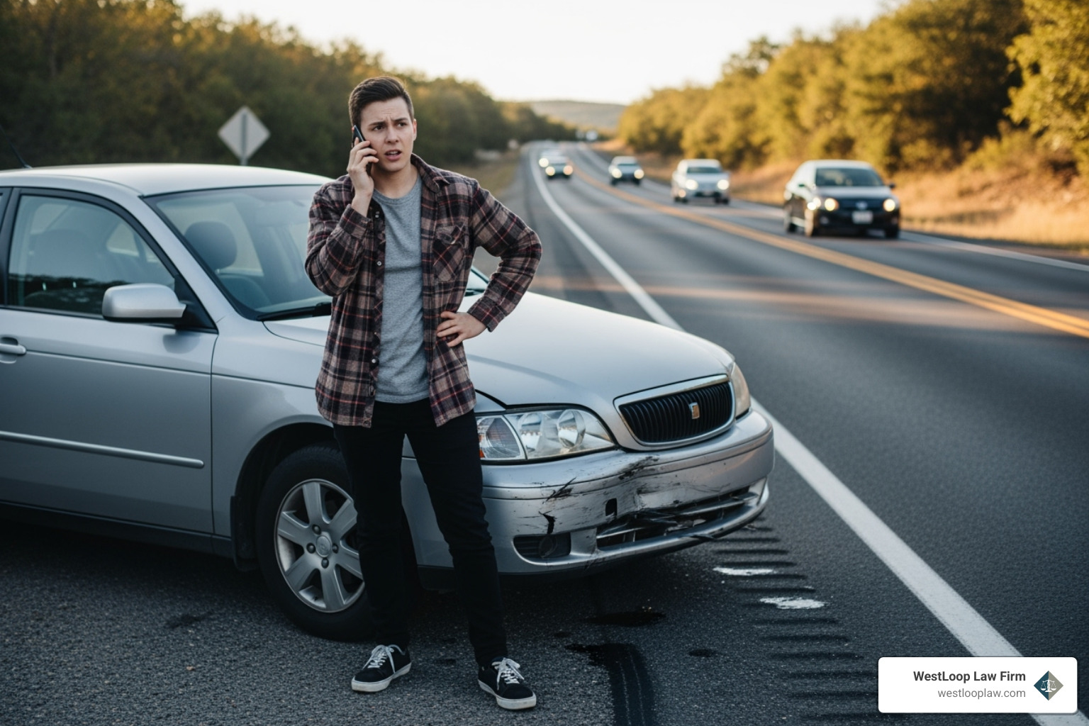 Driver on the phone by the side of the road after a crash - car crash lawyer houston