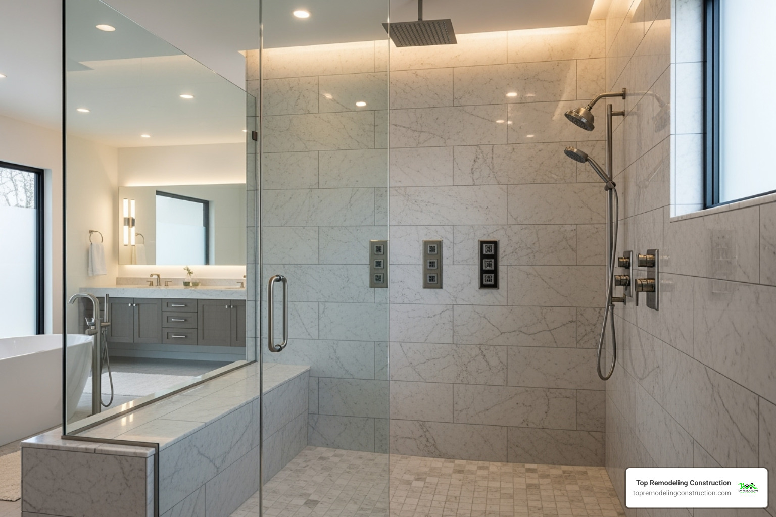 Image of a bathroom featuring a large, walk-in shower with multiple showerheads - bathroom designers las vegas Image of a bathroom featuring a large, walk-in shower with multiple showerheads - bathroom designers las vegas