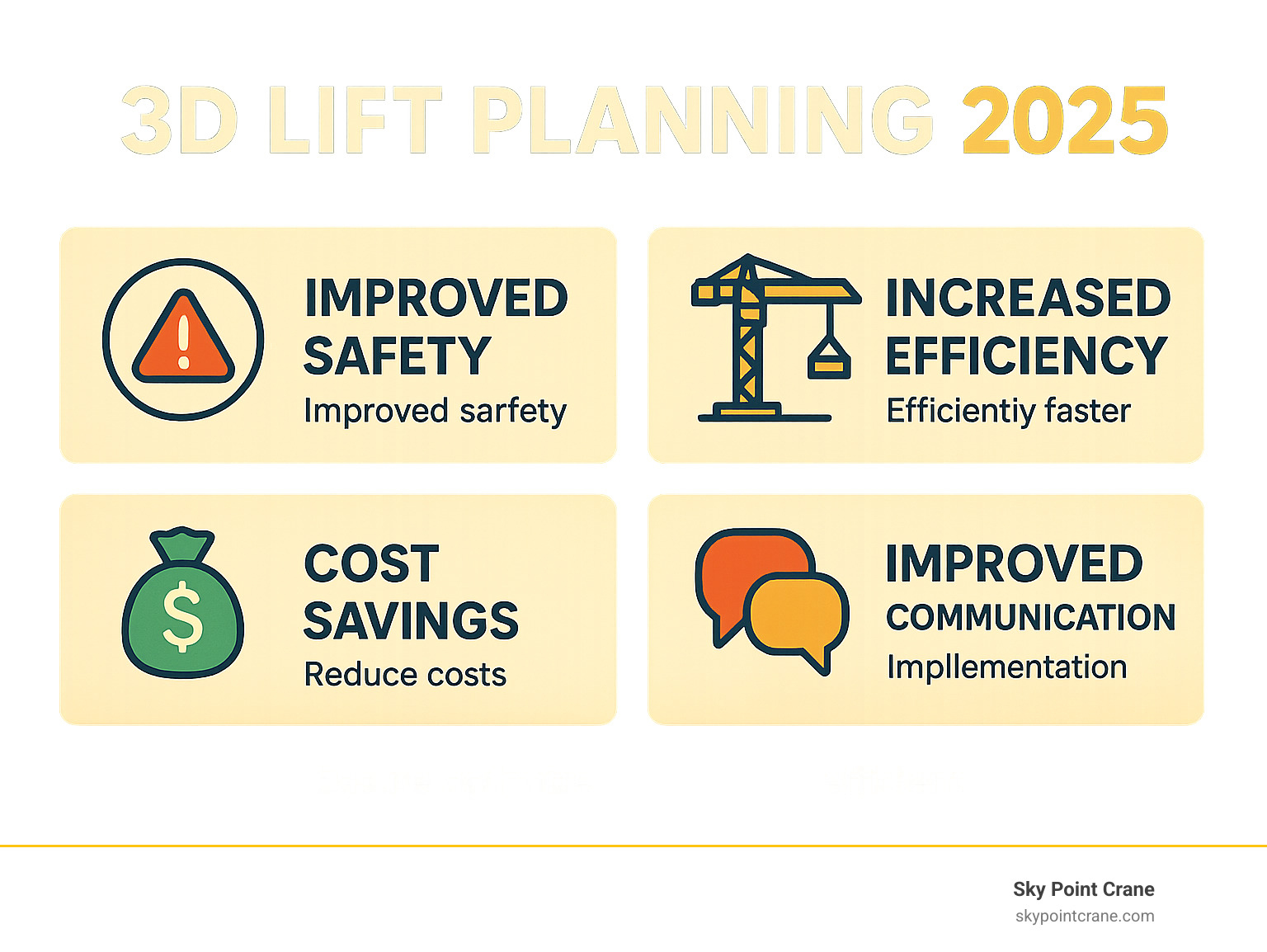 Infographic showing the four key benefits of 3D Lift Planning: Improved Safety, Increased Efficiency, Cost Savings, Improved Communication - 3D Lift Planning infographic 