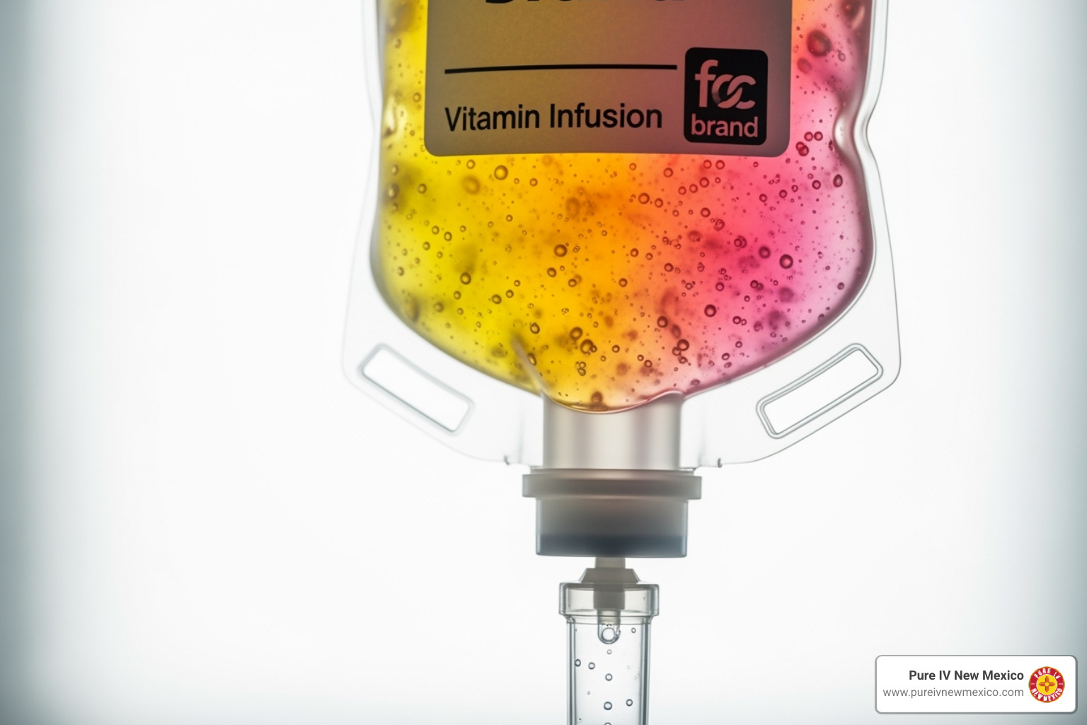 close-up of an IV bag with a colorful mixture of vitamins - iv hydration treatment
