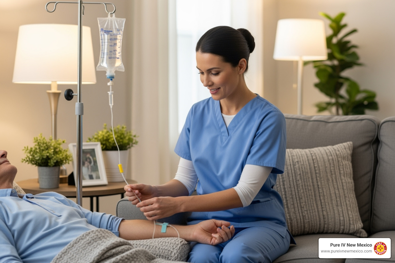 licensed nurse professionally administering an IV drip in a clean, comfortable home setting - iv hydration treatment