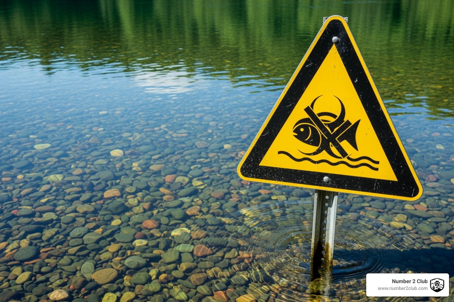 a pristine local stream or lake contrasted with a warning sign about water pollution - poop scoop service near me