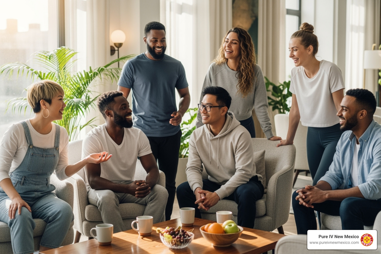 group of friends looking energized and happy after receiving IV therapy - iv hydration treatment