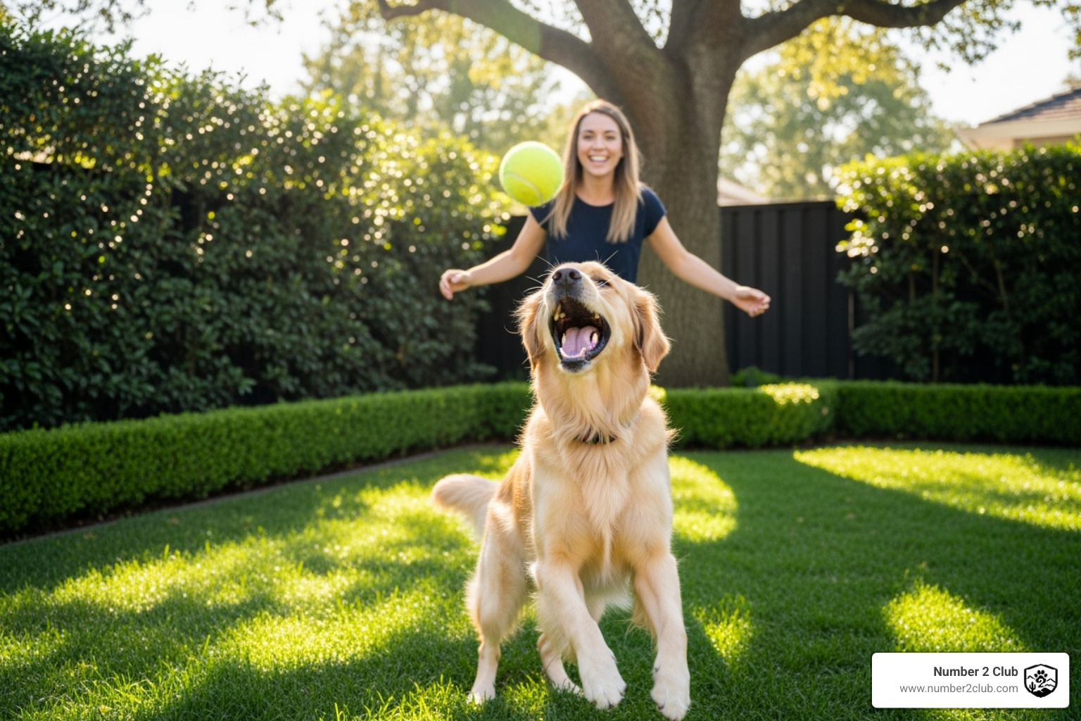 a happy dog playing with its owner in a clean, green backyard - poop scoop service near me