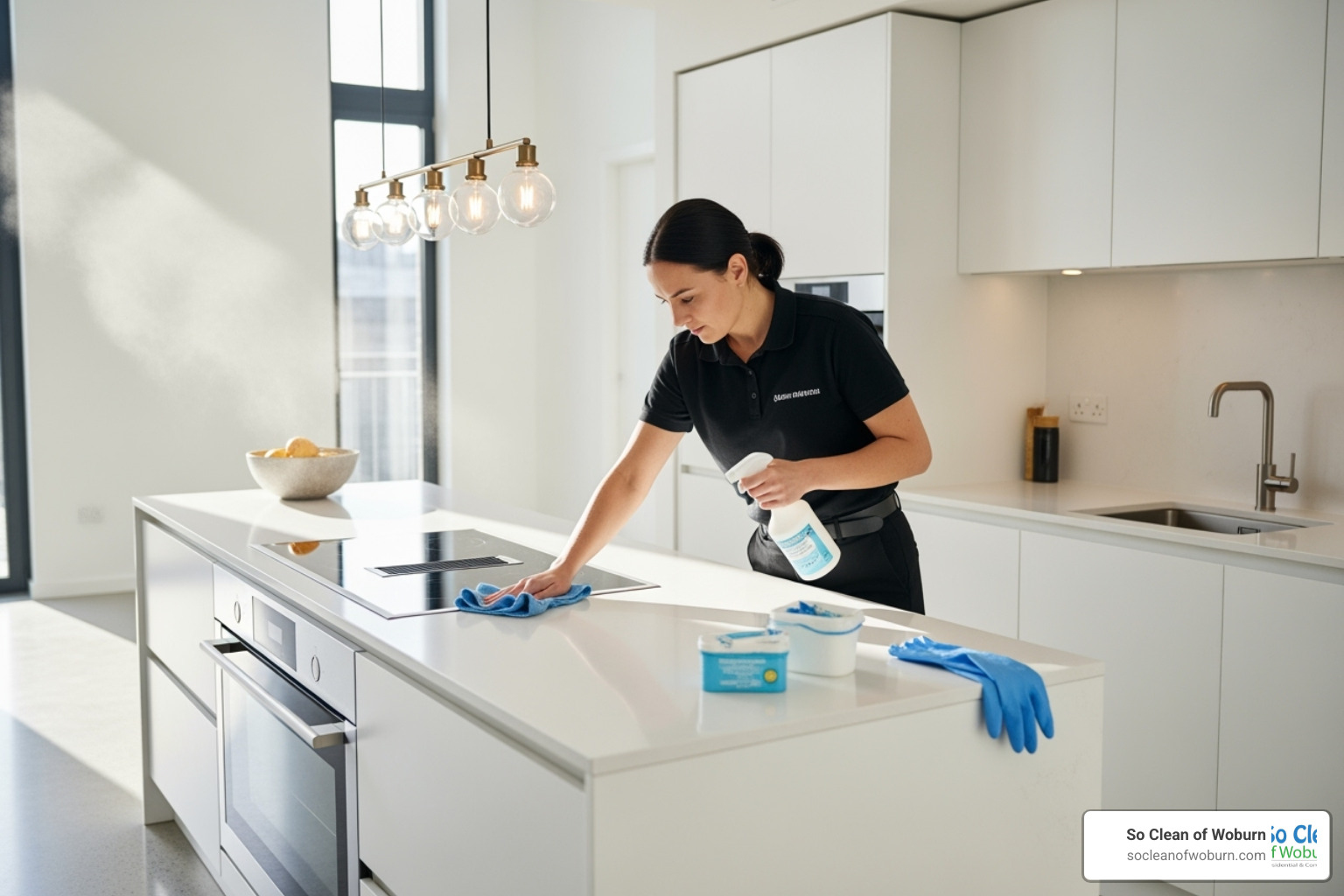 professional cleaner wiping down a newly installed kitchen island - post construction apartment cleaning