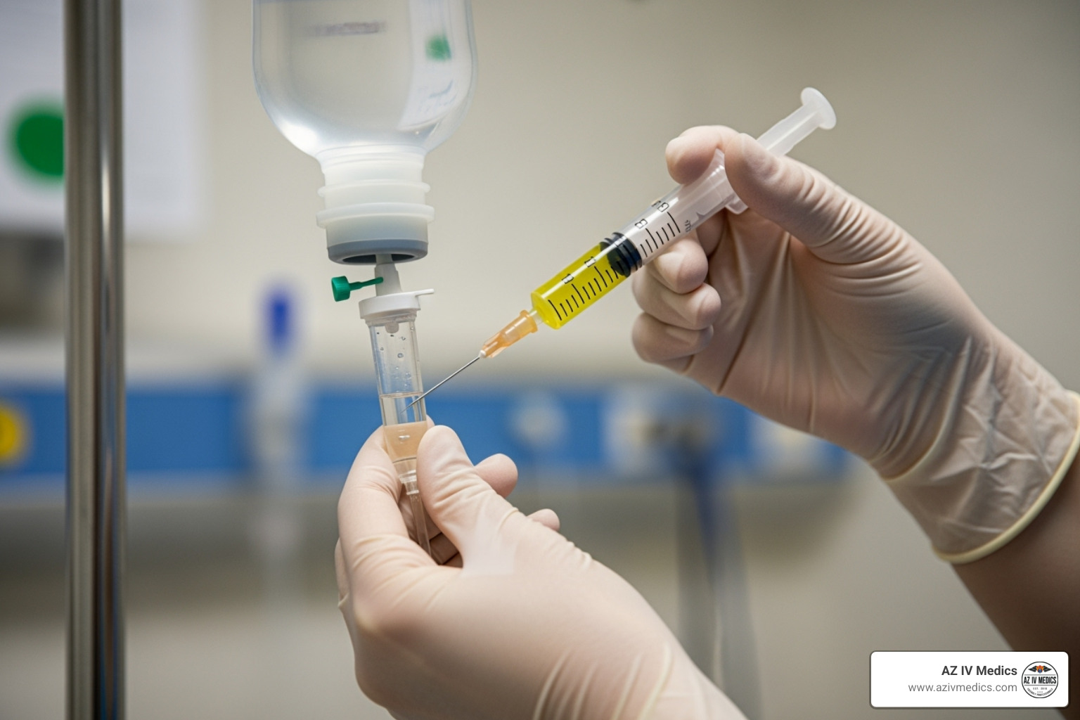 of a nurse adding vitamins to an IV saline bag - hangover iv scottsdale