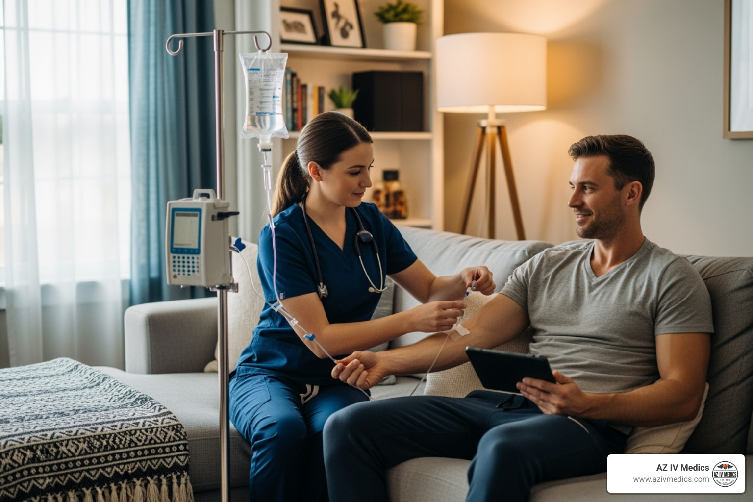 of a registered nurse providing a mobile IV drip to a client on their couch - hangover iv scottsdale