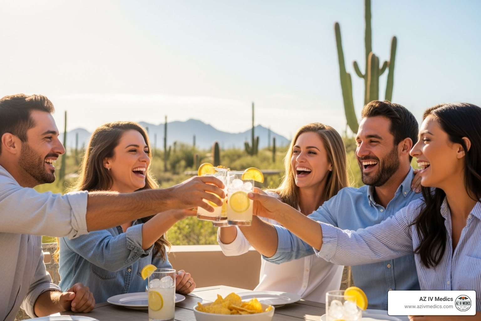 of a happy, revitalized group of friends enjoying a sunny Scottsdale day after their IV treatment - hangover iv scottsdale