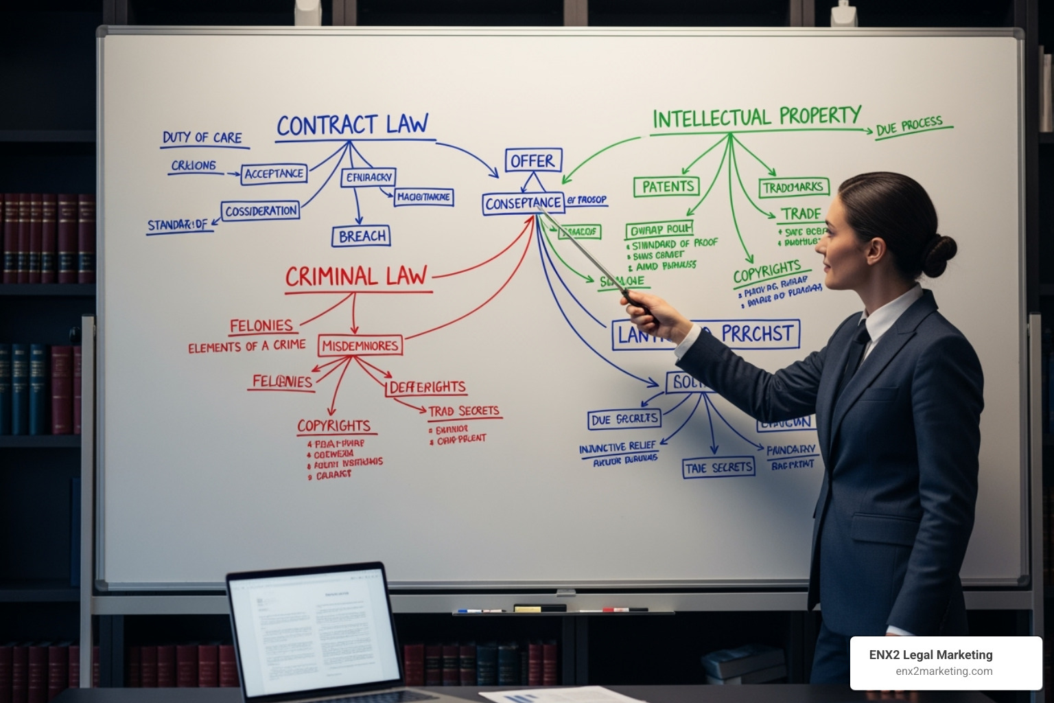 A lawyer pointing to a whiteboard with a mind map of "Linkable Asset Ideas" like "Annual Local Crime Stats Report," "Ultimate Guide to Small Claims Court," and "Interactive Child Support Calculator" - law firm backlinks