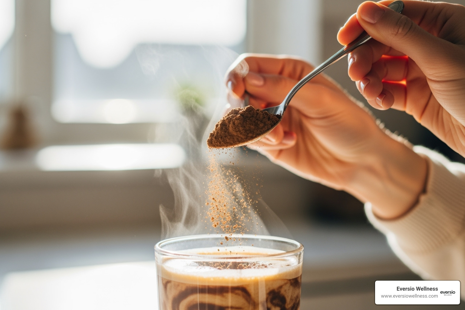 someone adding mushroom powder to a morning coffee or smoothie. - mushroom cognition blend