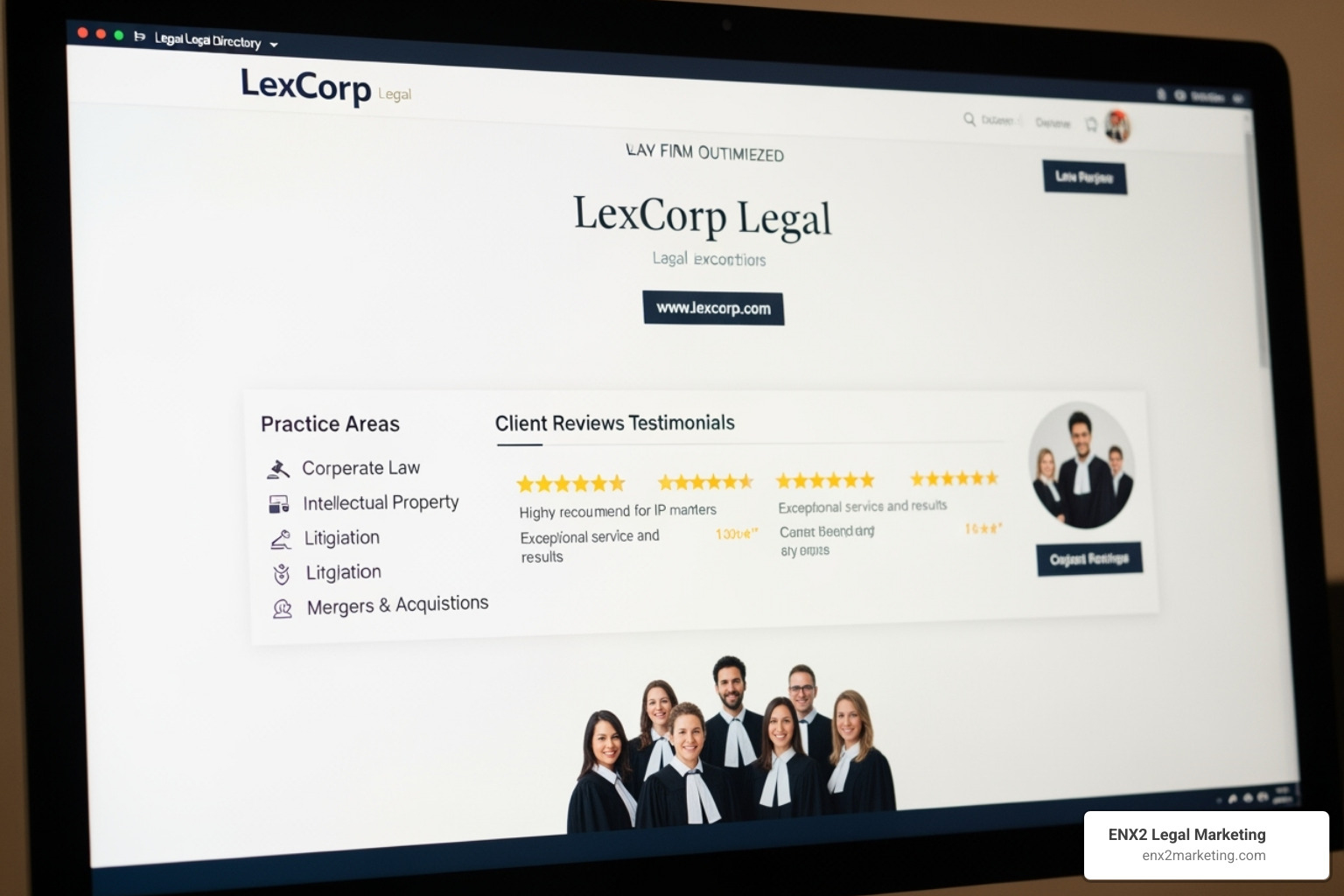 An optimized law firm profile on a major legal directory, highlighting the website link, practice areas, and positive reviews - law firm backlinks