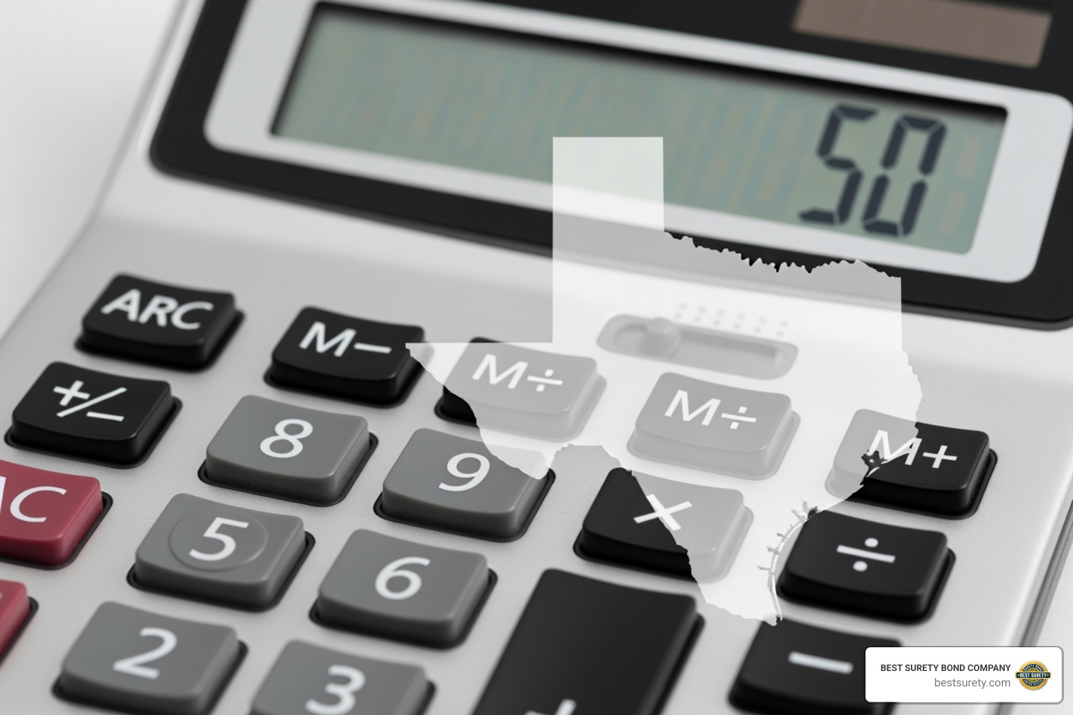 calculator with '50' and Texas outline - texas notary surety bond cost