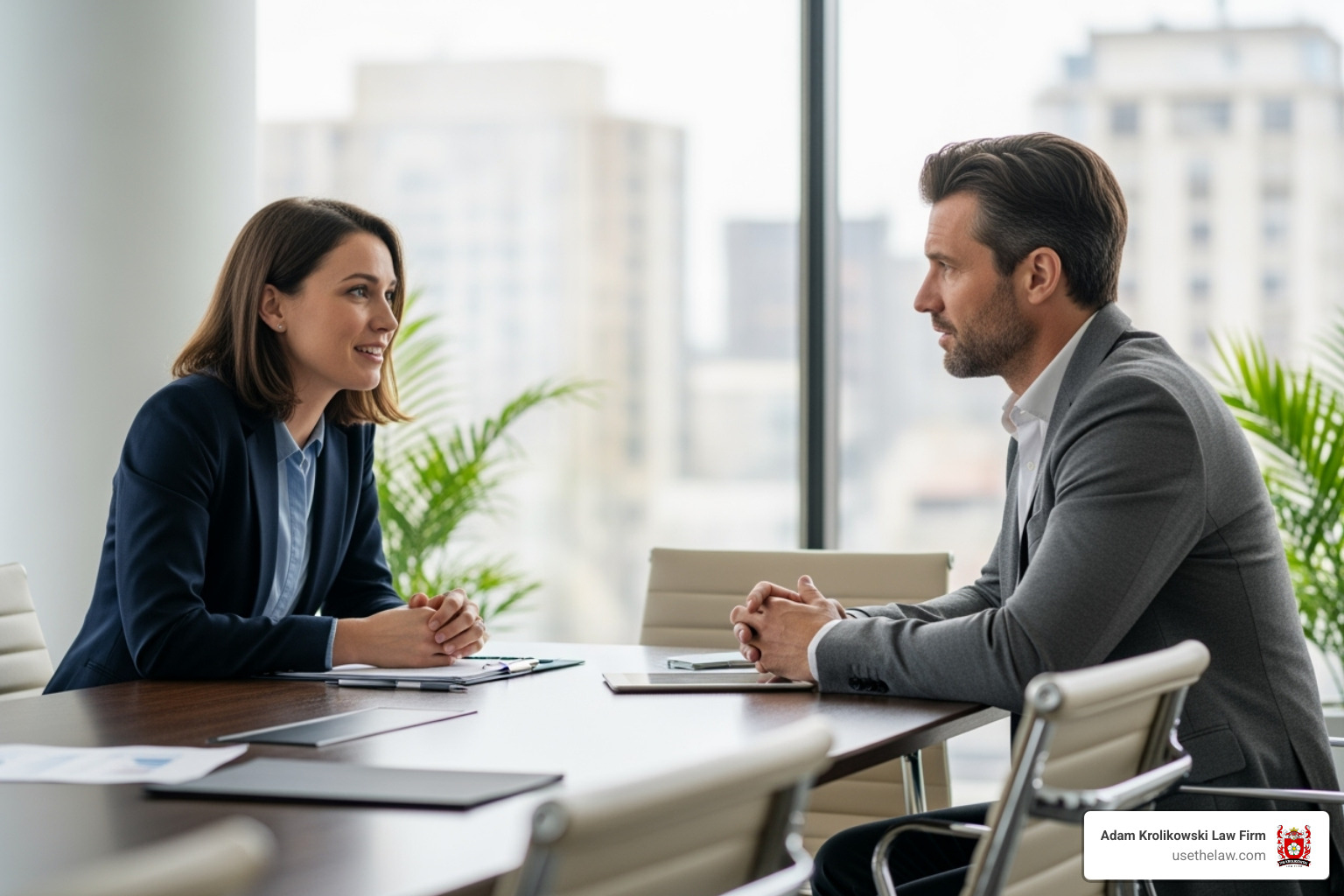 two people having a serious but reassuring conversation in an office - harassment lawyer near me