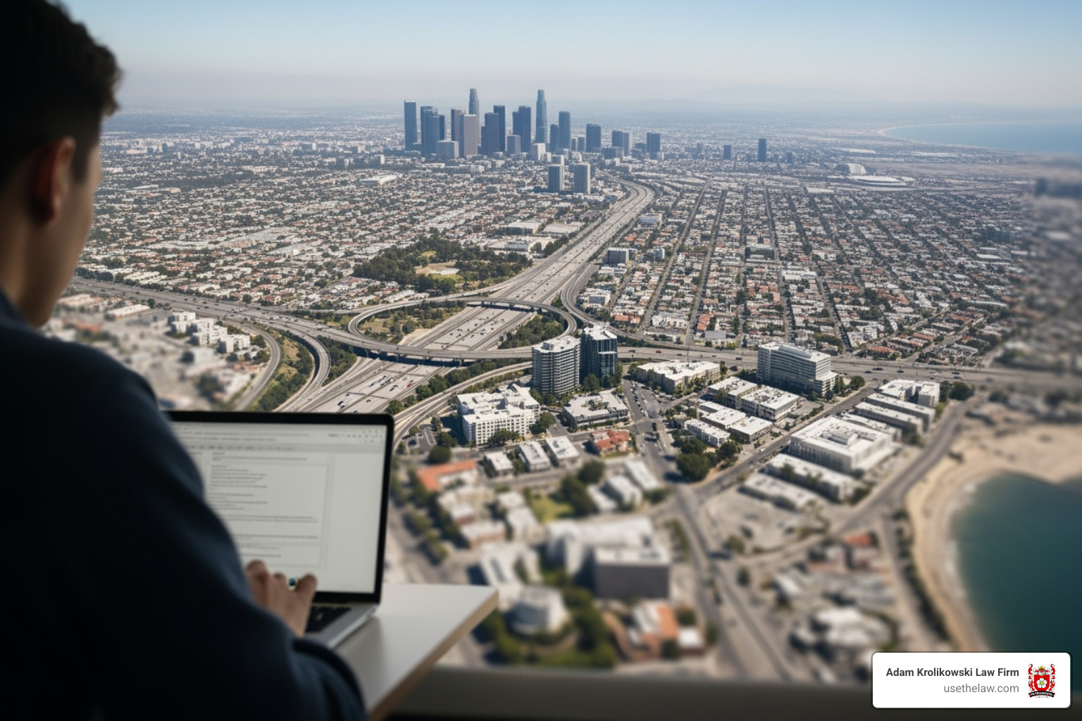 person searching for a lawyer on a laptop with a map of Los Angeles in the background - harassment lawyer near me