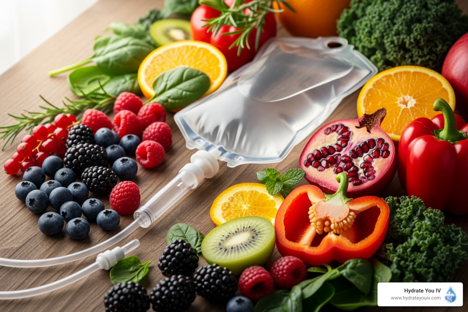 An aesthetic layout showing an IV bag alongside fruits and vegetables rich in antioxidants - IV therapy for skin health