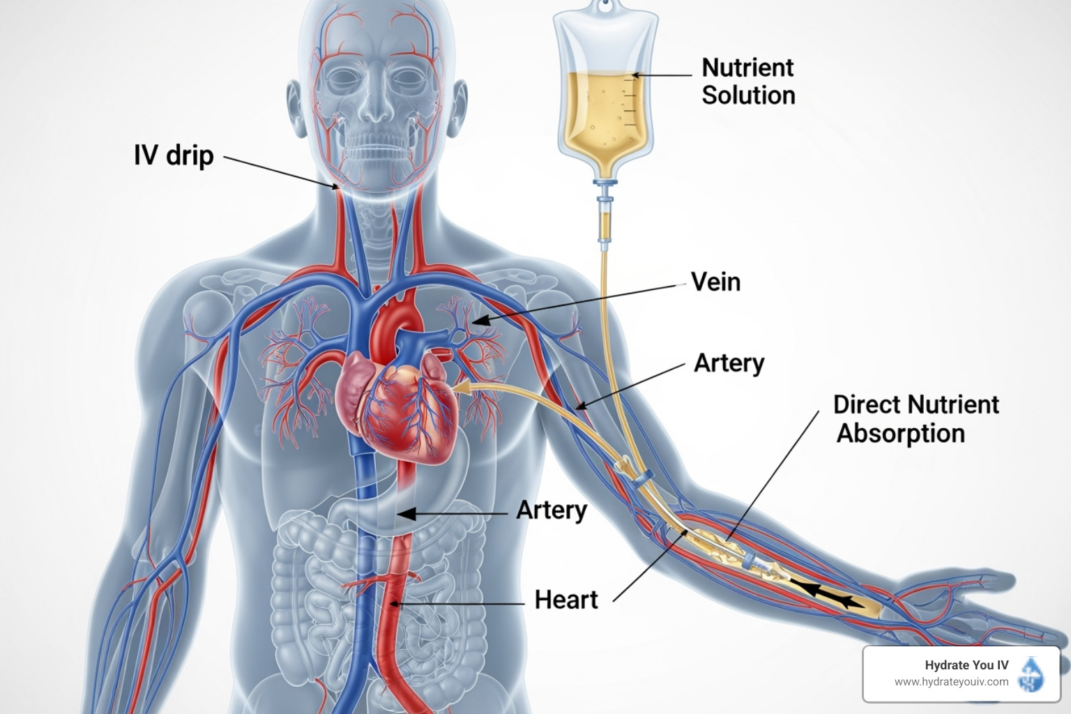 A diagram showing nutrients bypassing the digestive system and entering the bloodstream directly - IV therapy for skin health