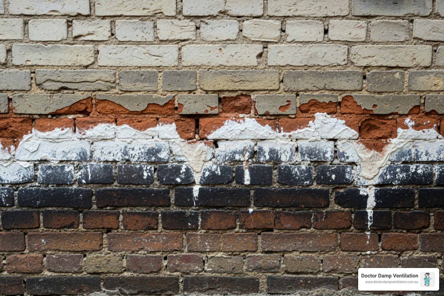 Clear example of rising damp tide marks on a brick wall - dampness in wall