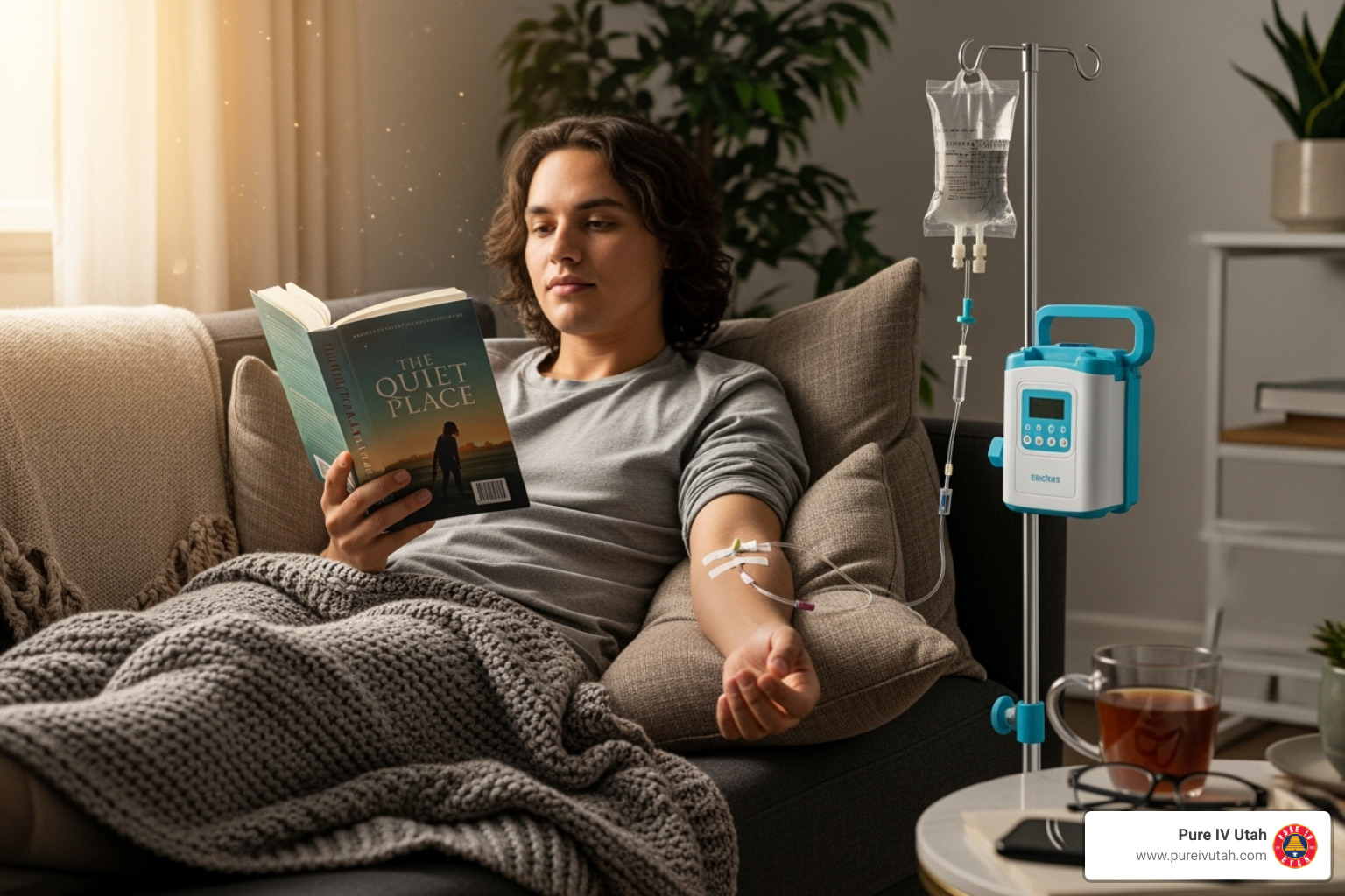 person relaxing on their couch with a book while receiving an IV drip - at home IV nurse