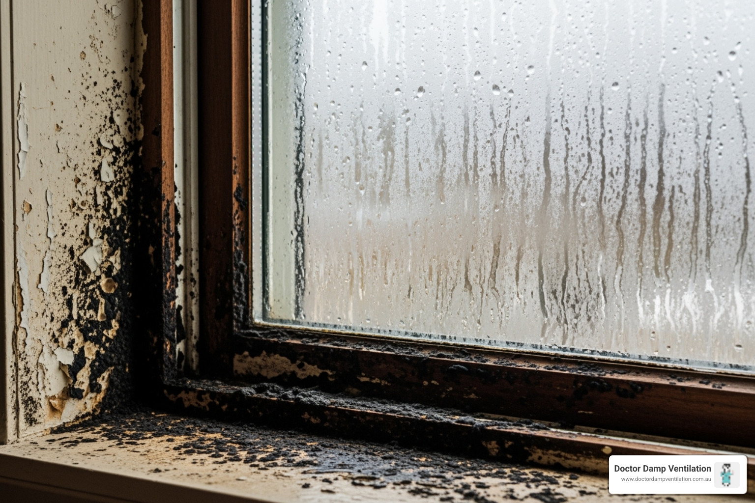 Heavy condensation and black mould around a window - dampness in wall