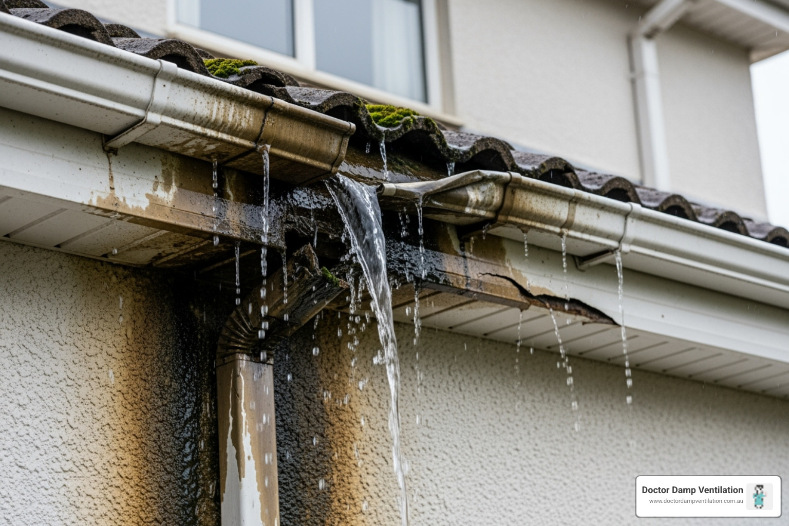 Damaged gutter leaking water down an external wall - dampness in wall