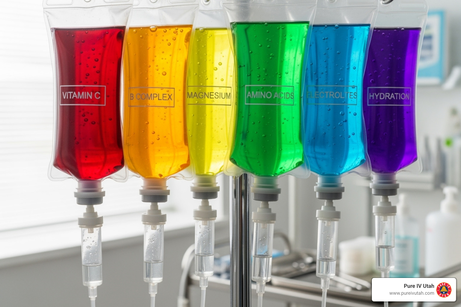 colorful IV drip bags labeled with benefits like 