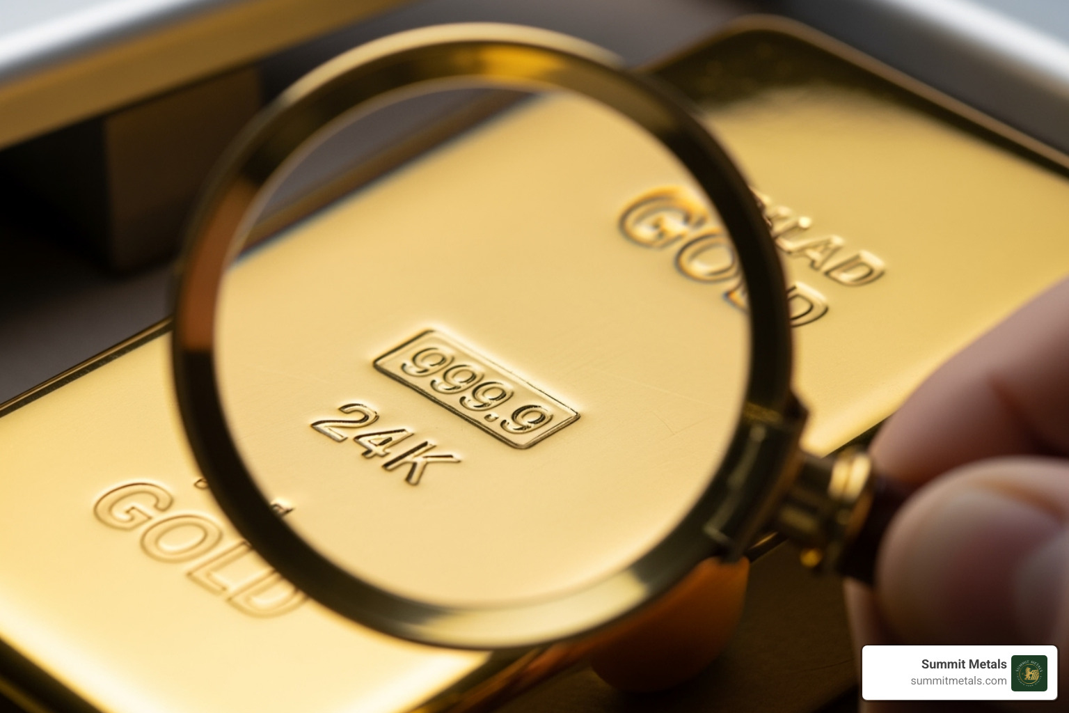 Magnifying glass over a gold bar's hallmark, signifying purity inspection - Precious Metals SIRA