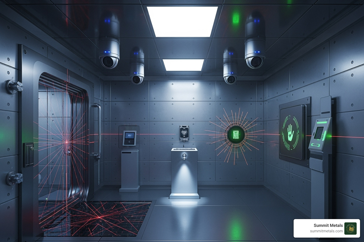 High-tech surveillance cameras and laser grids inside a secure vault - Precious metals depository services