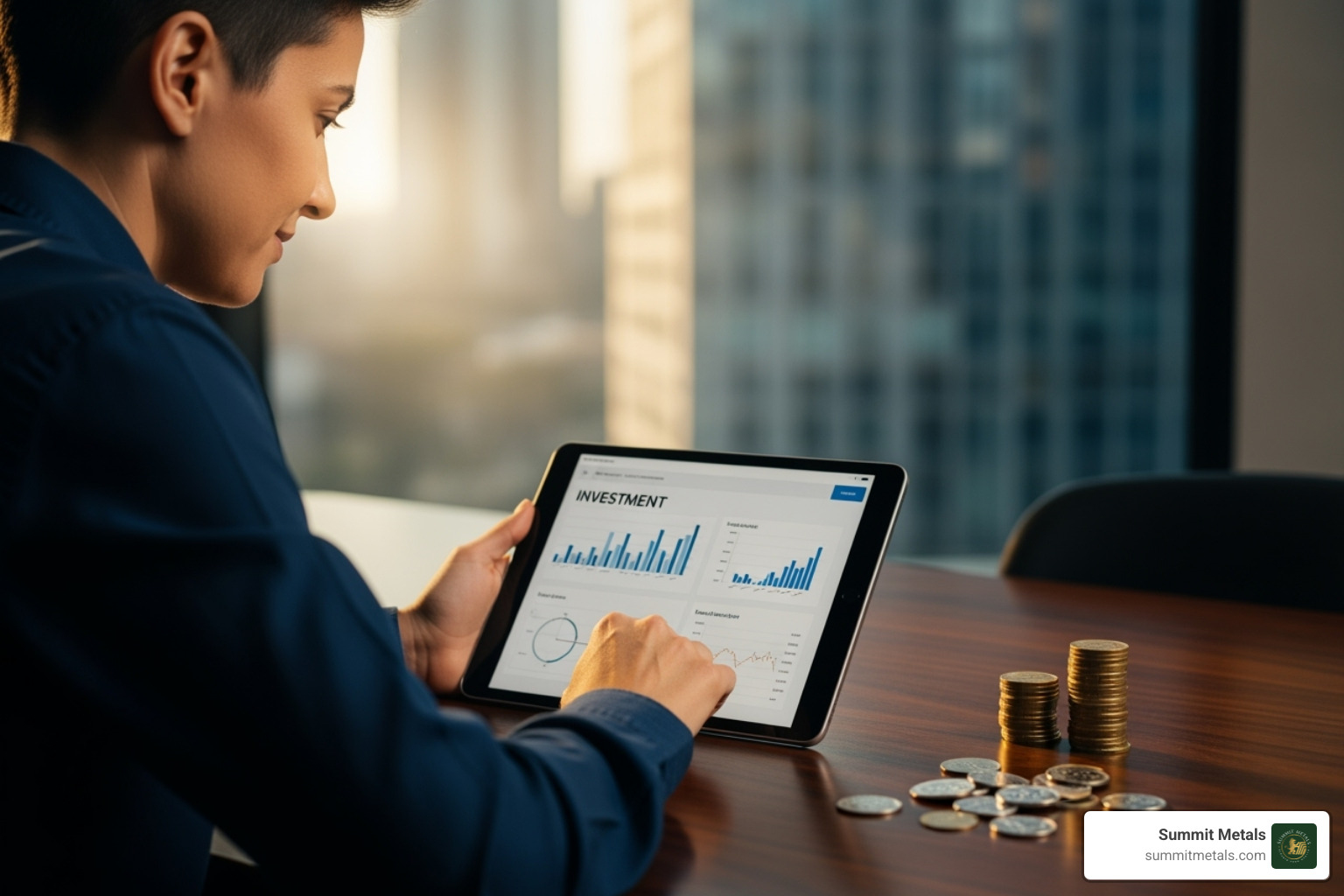 Person confidently reviewing their investment portfolio on a tablet, with gold and silver coins nearby - Precious metals depository services