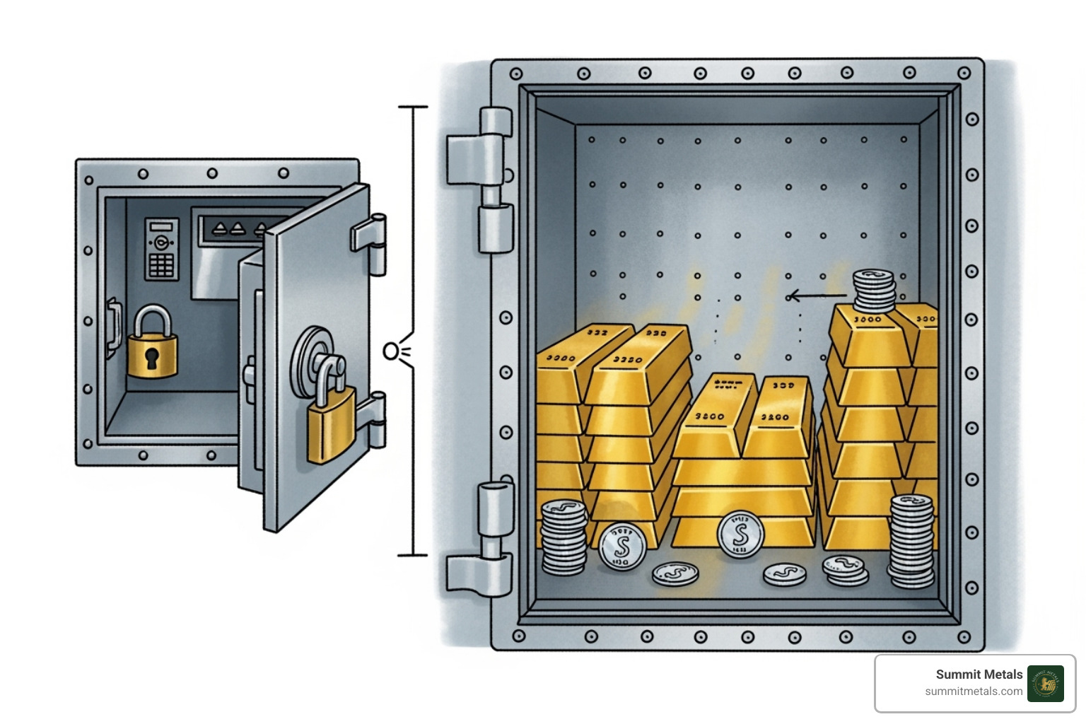 Illustration showing a private, segregated locker for one investor's metals next to a larger, shared vault space where multiple investors' metals are stored together but accounted for individually - Precious metals depository services
