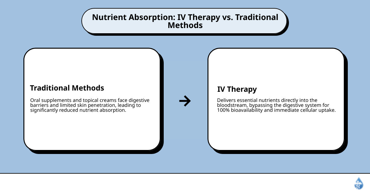 Infographic detailing how IV therapy ensures 100% nutrient absorption by bypassing the digestive system, compared to oral supplements which may only absorb a fraction due to digestive barriers, highlighting faster and more effective delivery for skin health. - IV therapy for skin health infographic cause_effect_text
