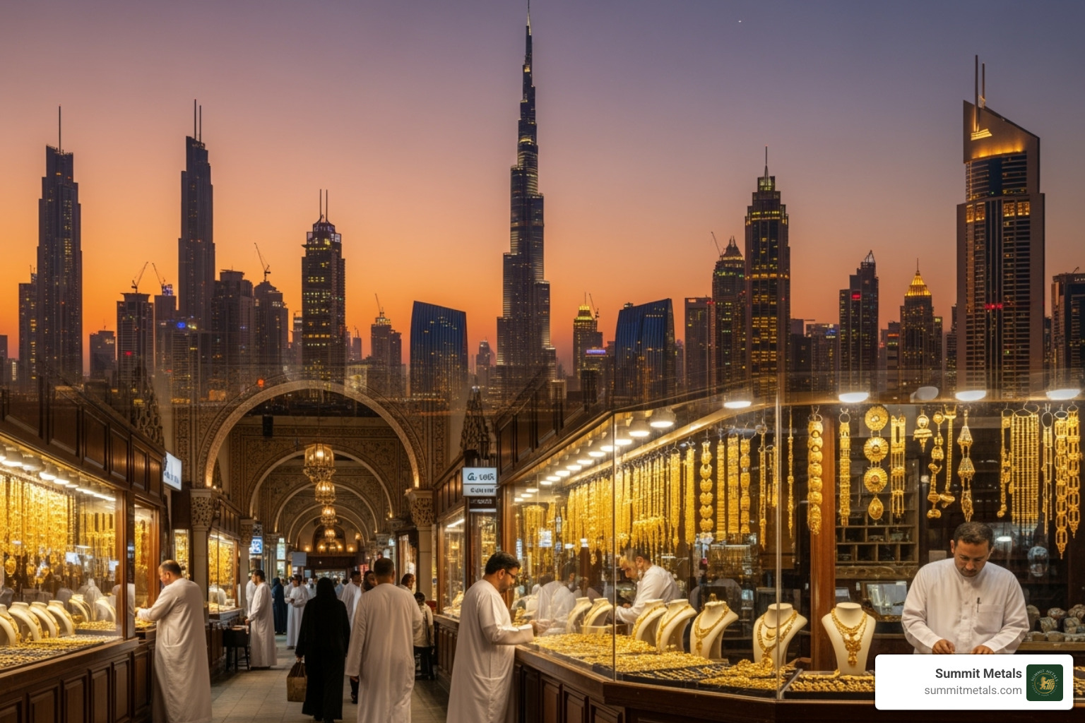Dubai skyline with an overlay of a gold souk - Precious Metals SIRA