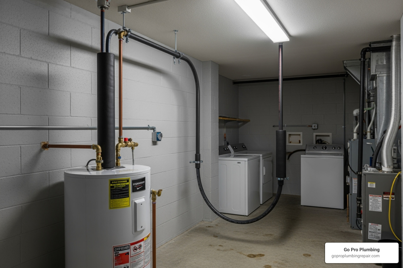 well-designed thermosiphon loop showing the water heater, supply line, return line, and insulation - hot water recirculation without a pump
