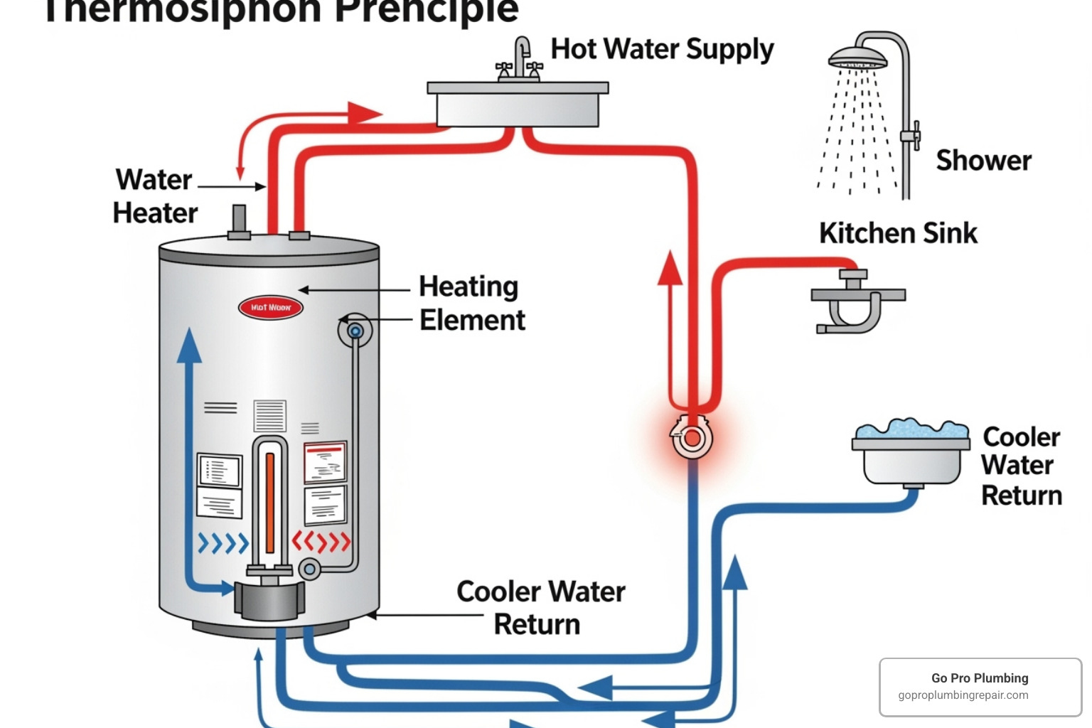 clear diagram illustrating the thermosiphon principle in a home plumbing system - hot water recirculation without a pump