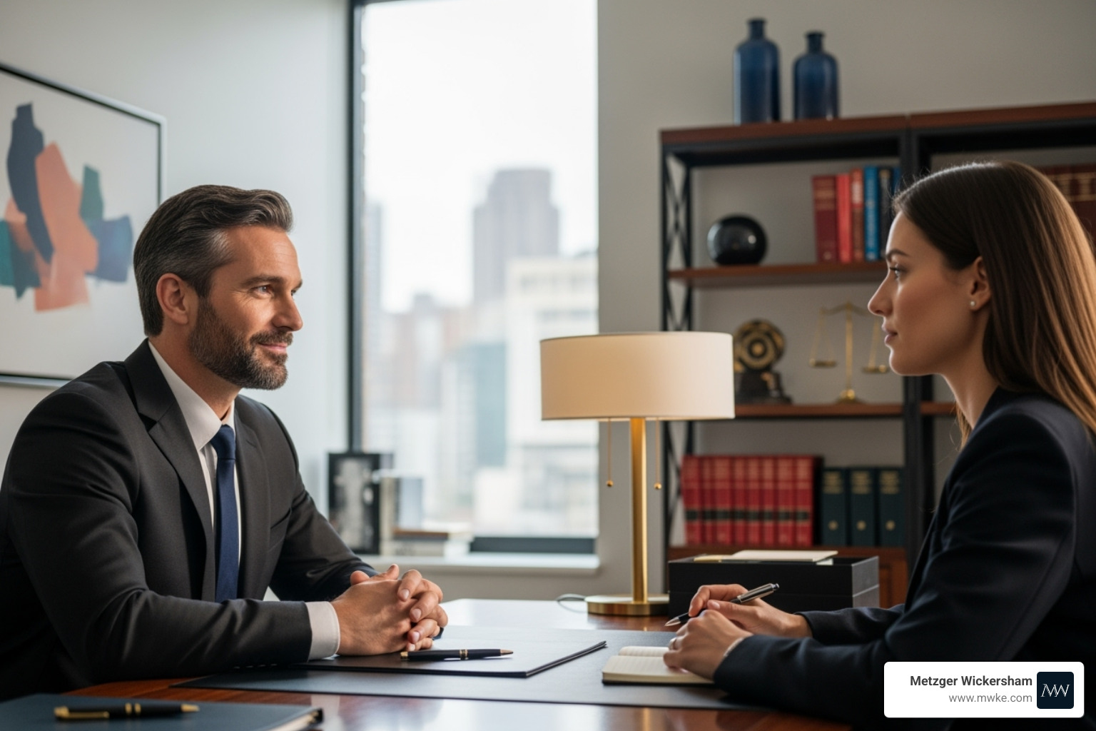 a lawyer calmly speaking with a client in an office setting - car accident attorneys