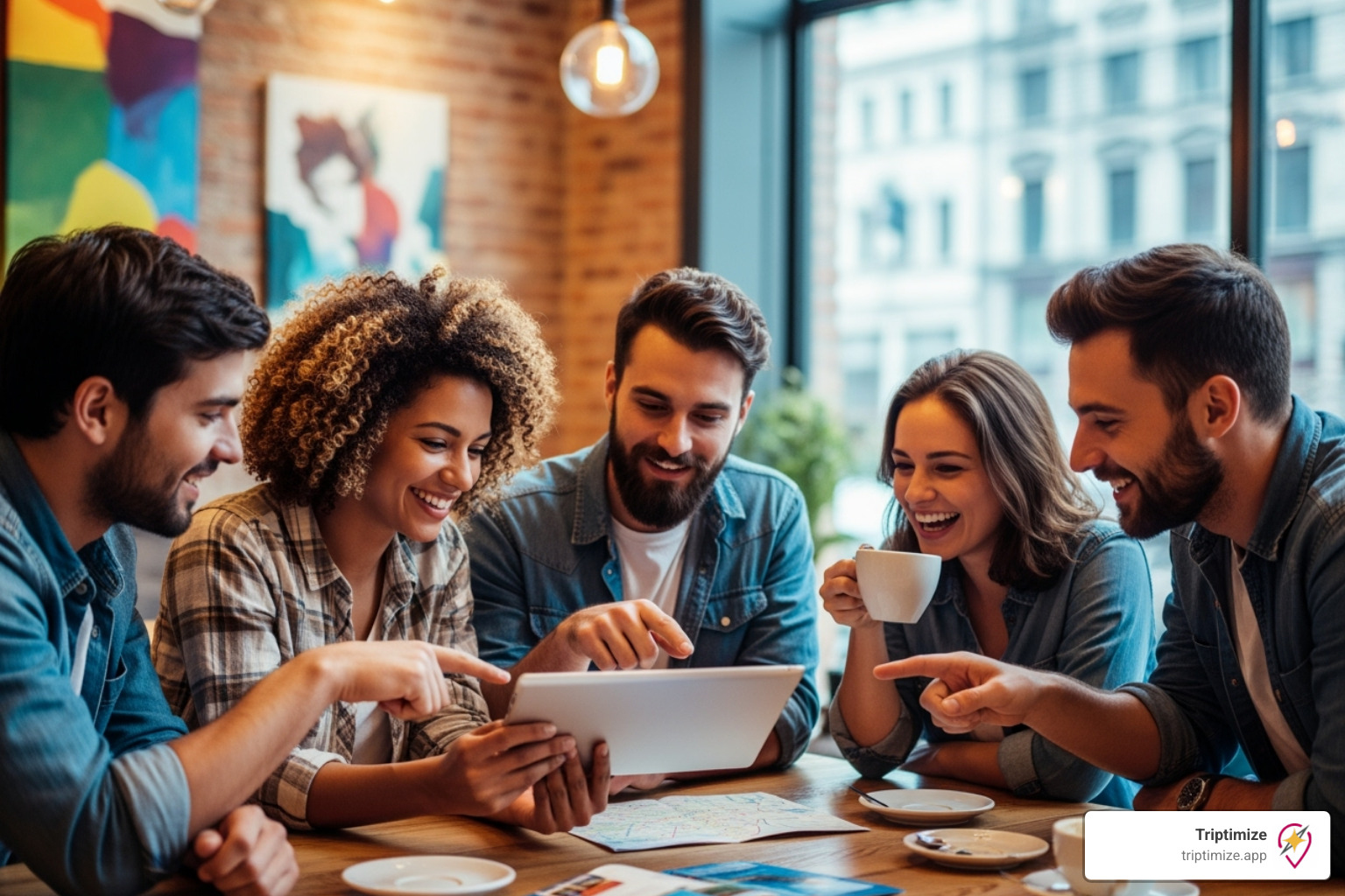 A group of friends happily collaborating on a trip using a tablet - travel planning tool A group of friends happily collaborating on a trip using a tablet - travel planning tool