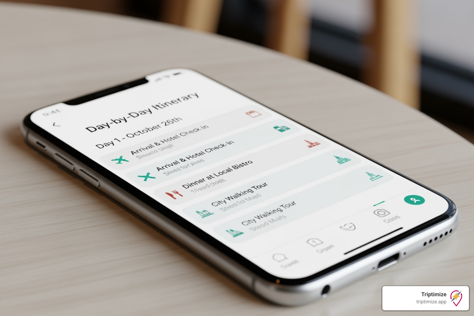 A clean, organized travel app interface showing a day-by-day itinerary on a smartphone - travel planning tool A clean, organized travel app interface showing a day-by-day itinerary on a smartphone - travel planning tool
