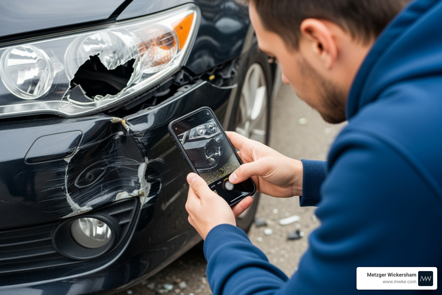 a person taking photos of vehicle damage with their smartphone - car accident attorneys