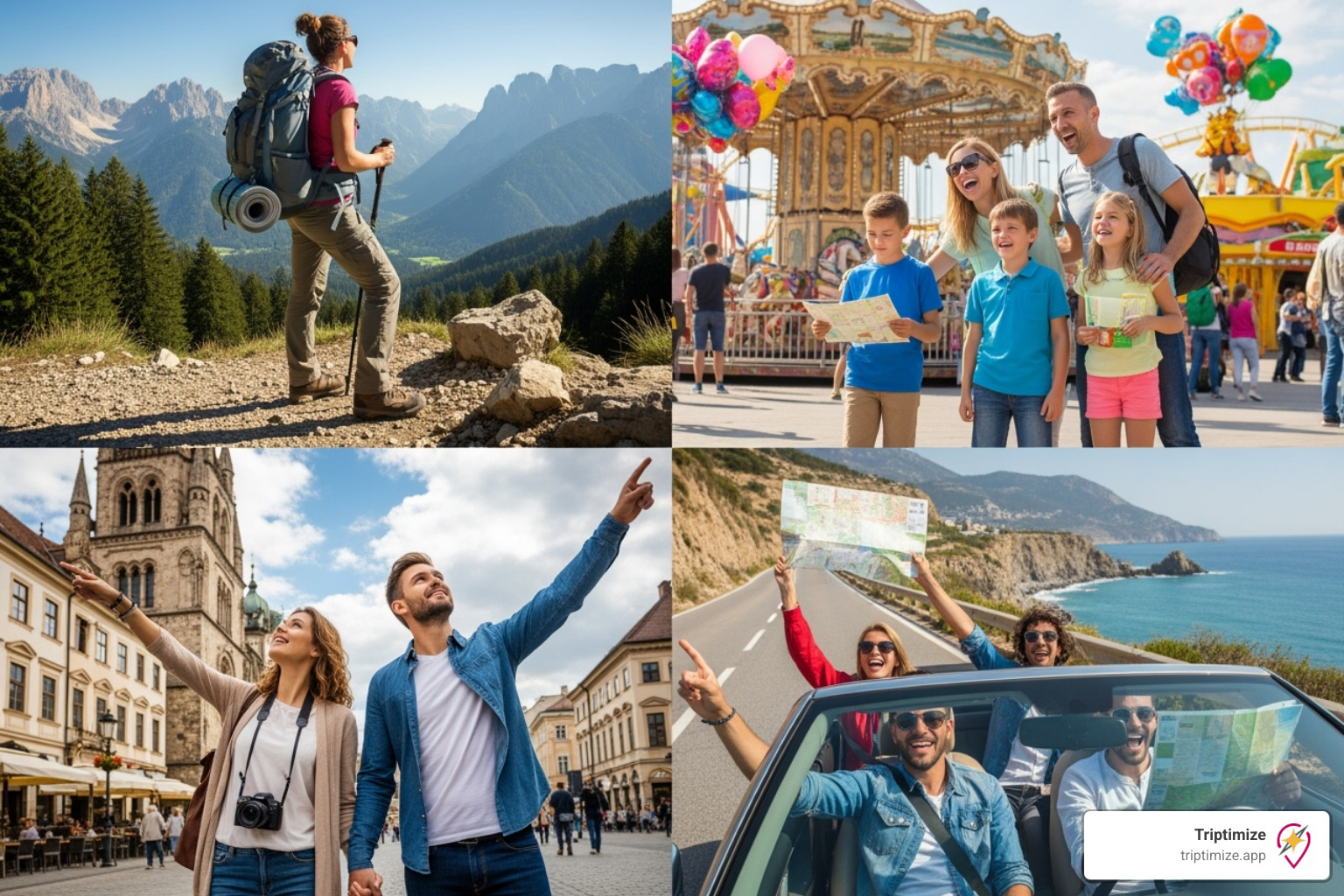Different travel styles: a solo backpacker, a family at a theme park, a couple on a city break, and friends on a road trip - travel planning tool Different travel styles: a solo backpacker, a family at a theme park, a couple on a city break, and friends on a road trip - travel planning tool