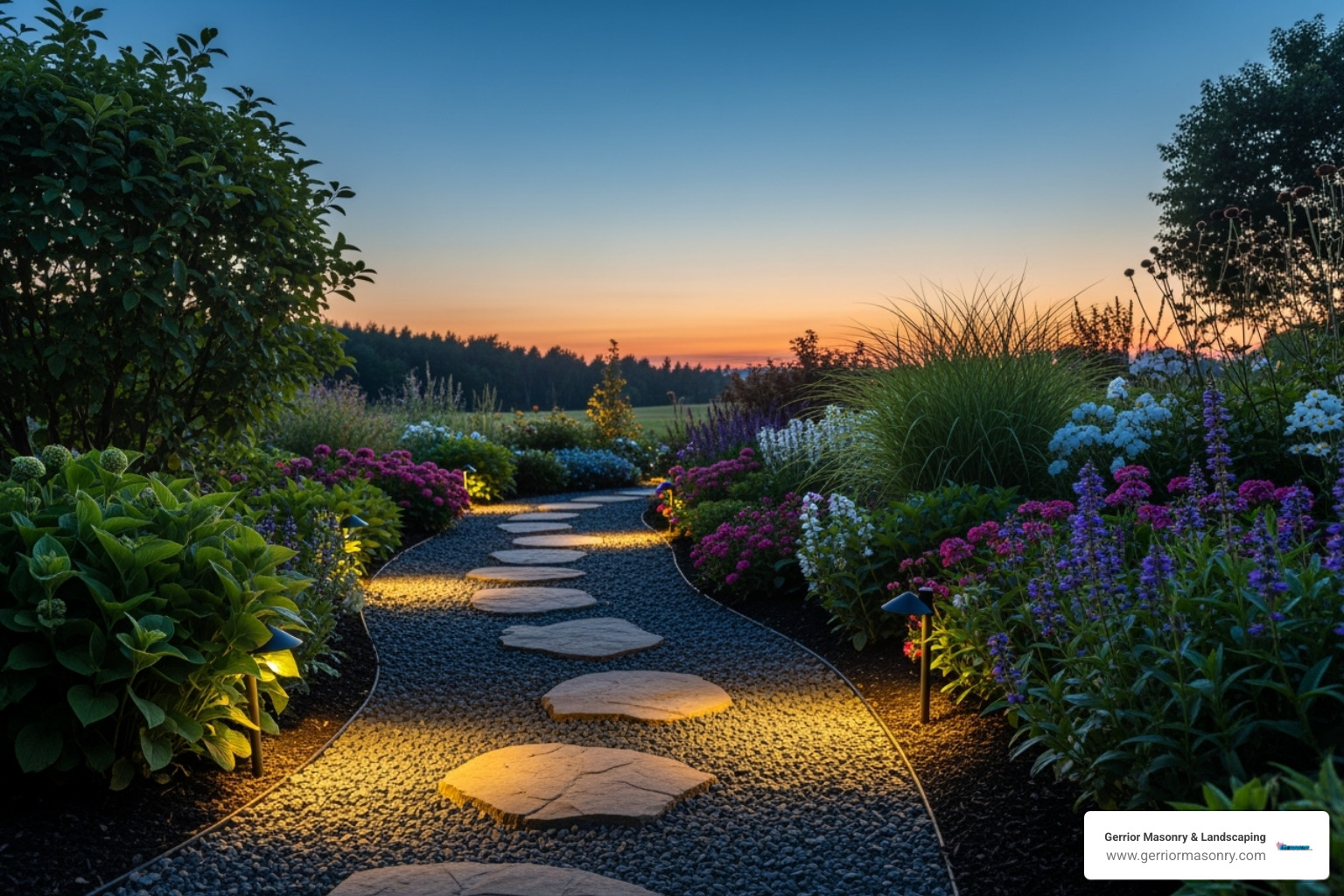 subtle solar-powered lights along a garden path at dusk - easy backyard landscaping ideas