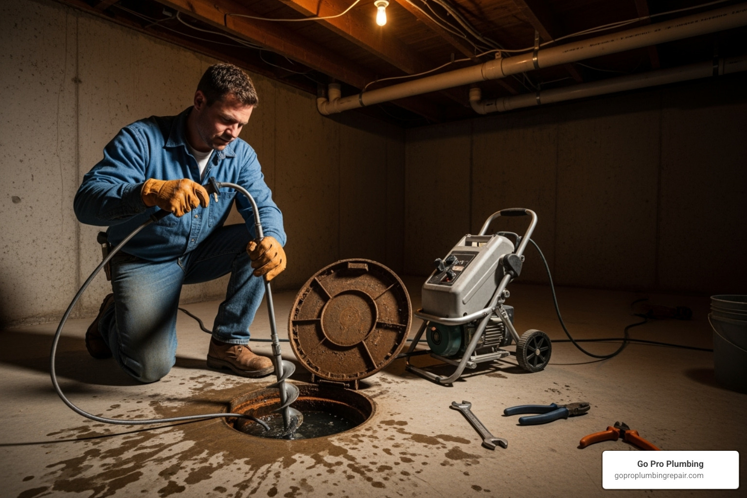 plumber using a drain auger (snake) in a basement sewer cleanout - sewer cleanout in basement