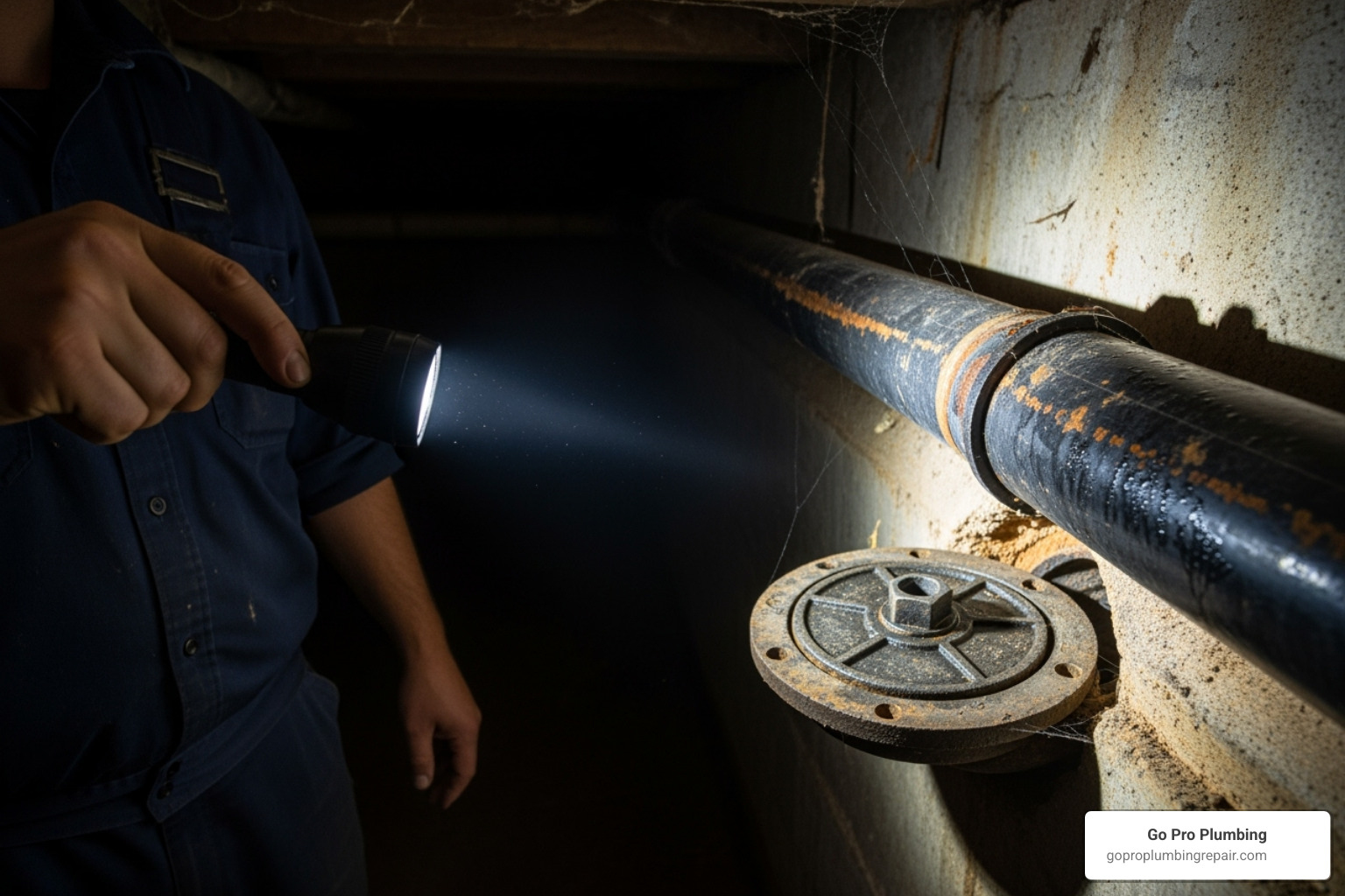 person with a flashlight tracing a large drain pipe along a basement wall to a cleanout - sewer cleanout in basement