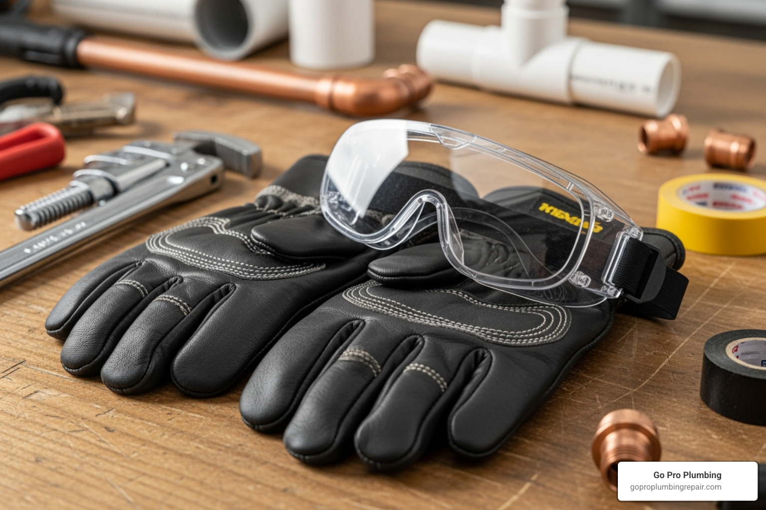 safety gear for plumbing work: heavy-duty gloves and safety goggles - sewer cleanout in basement