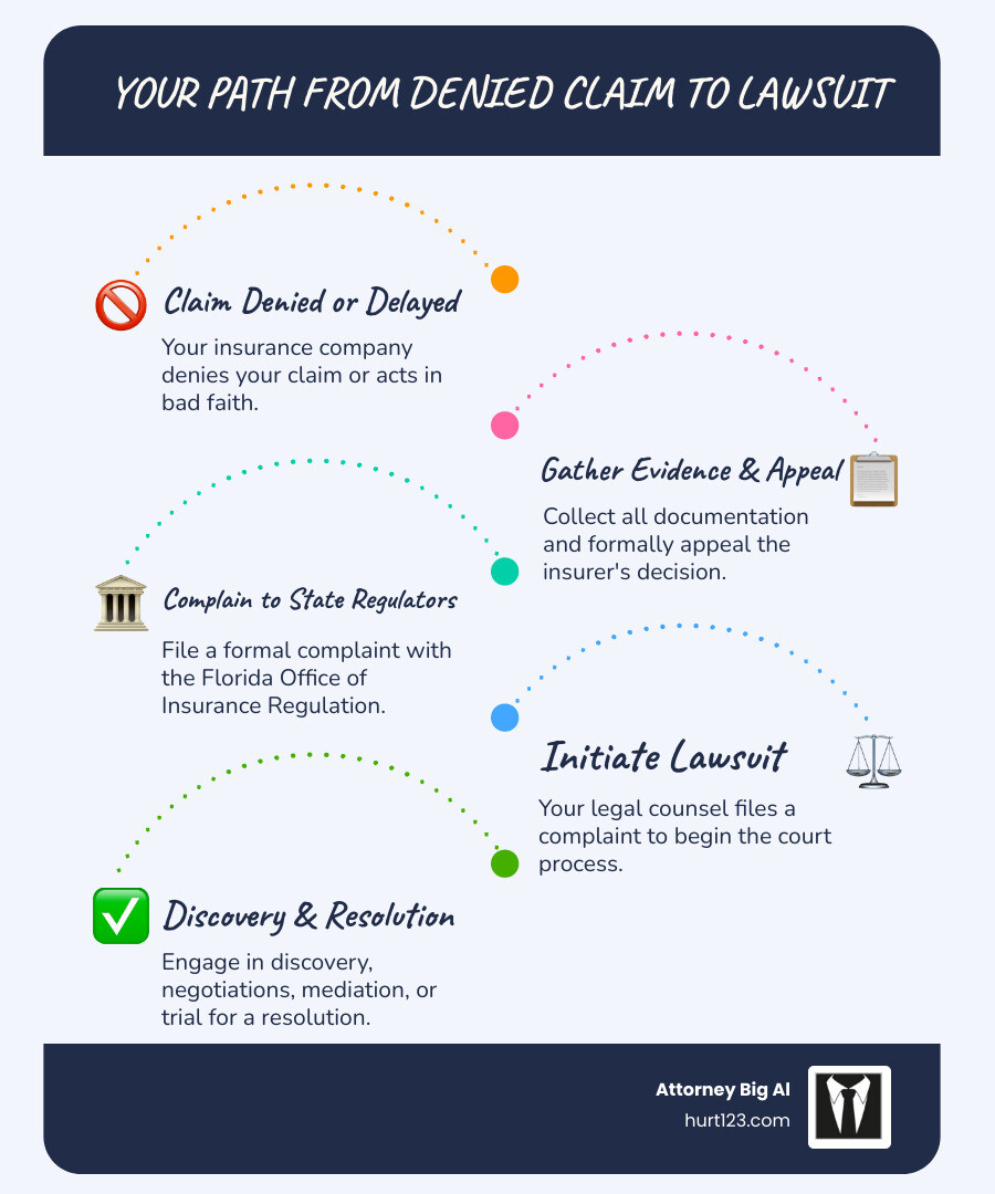 Infographic explaining the step-by-step process from a denied claim to filing a lawsuit - Can I sue insurance company infographic infographic-line-5-steps-blues-accent_colors Infographic explaining the step-by-step process from a denied claim to filing a lawsuit - Can I sue insurance company infographic infographic-line-5-steps-blues-accent_colors