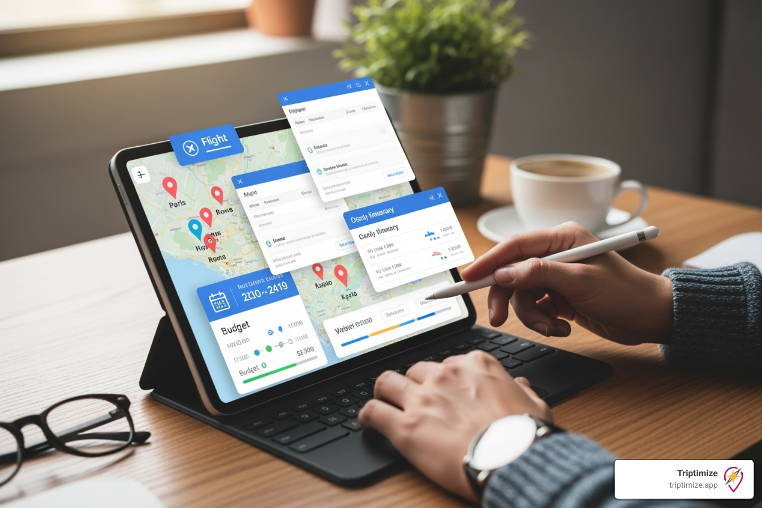 An AI-optimized route on a map with points of interest, travel times, and weather icons - travel planning tool An AI-optimized route on a map with points of interest, travel times, and weather icons - travel planning tool