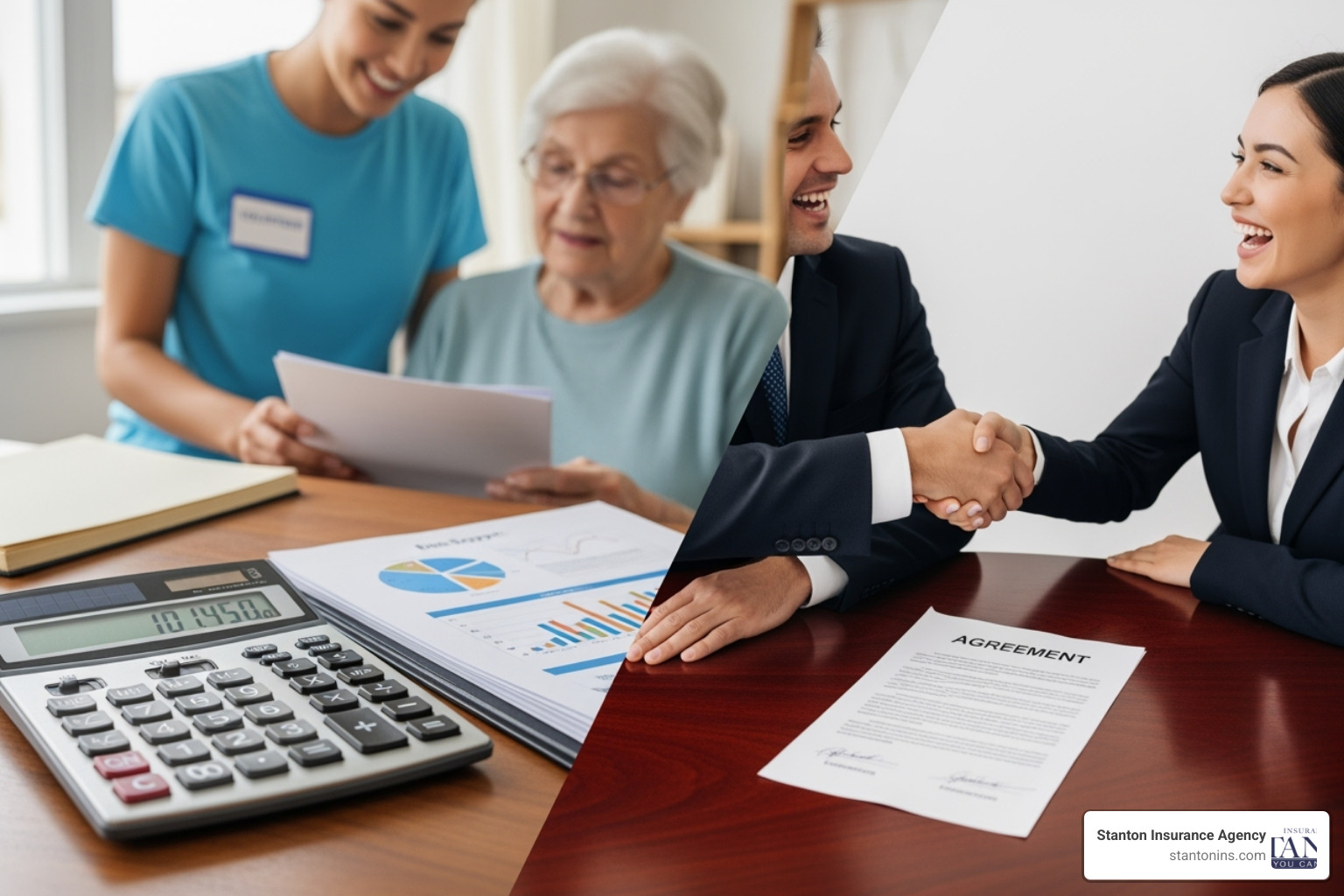 A calculator, a nonprofit volunteer, and two business people shaking hands over a contract, representing cost, nonprofits, and M&A.
