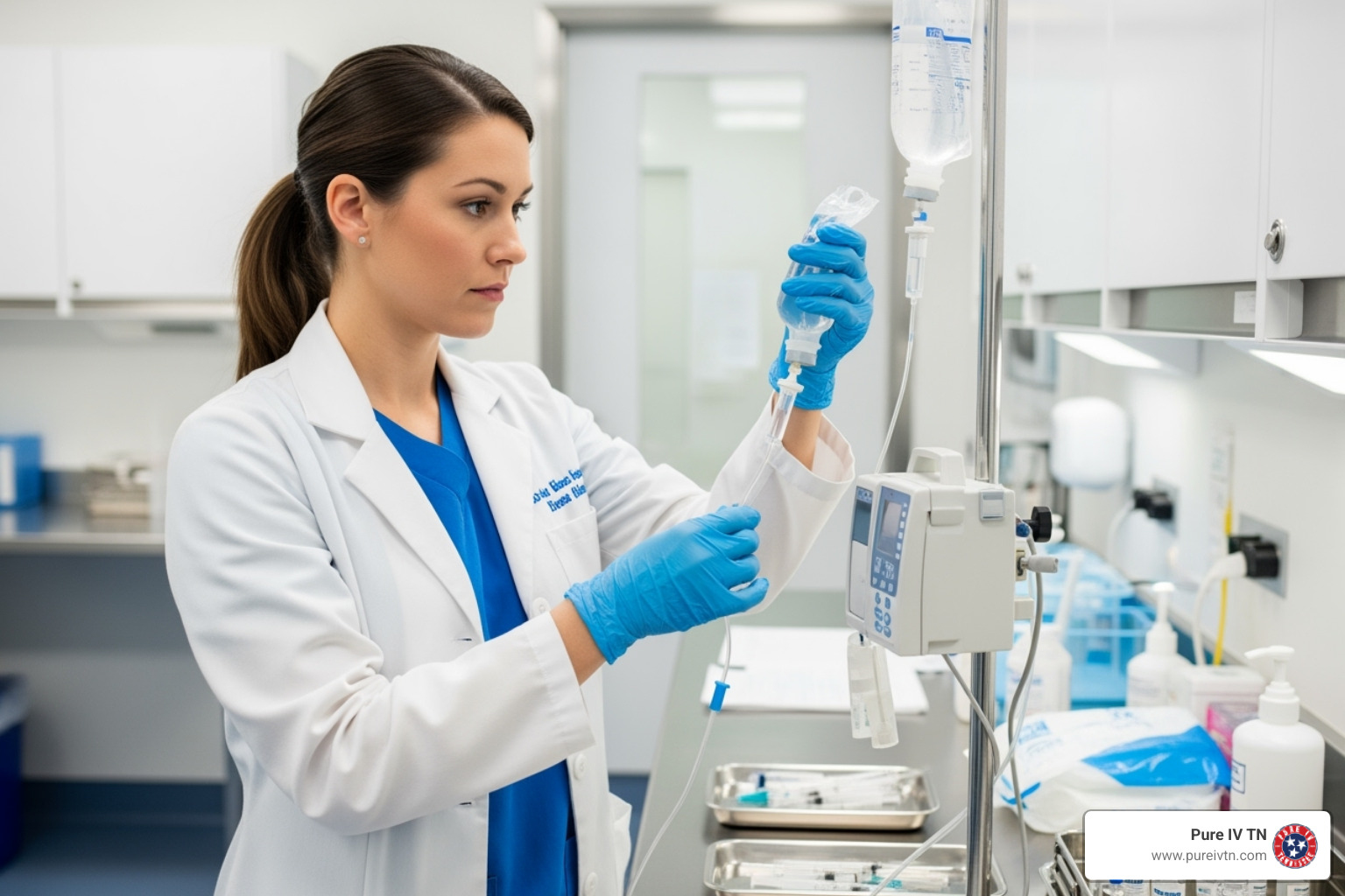 A registered nurse preparing an IV bag and line in a clean, professional setting. - iv therapy for hydration