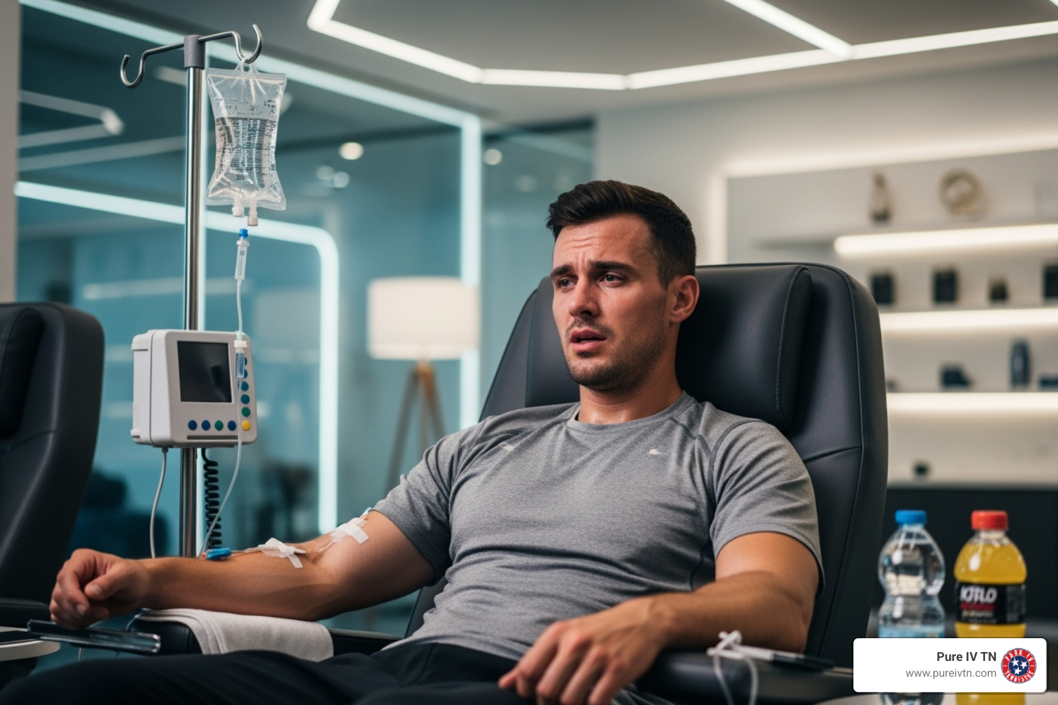 An athlete recovering with an IV drip after a strenuous workout, emphasizing hydration and quick recovery. - iv therapy for hydration